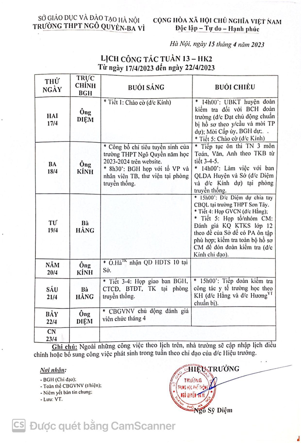 Lịch công tác tuần từ ngày 17.4.2023