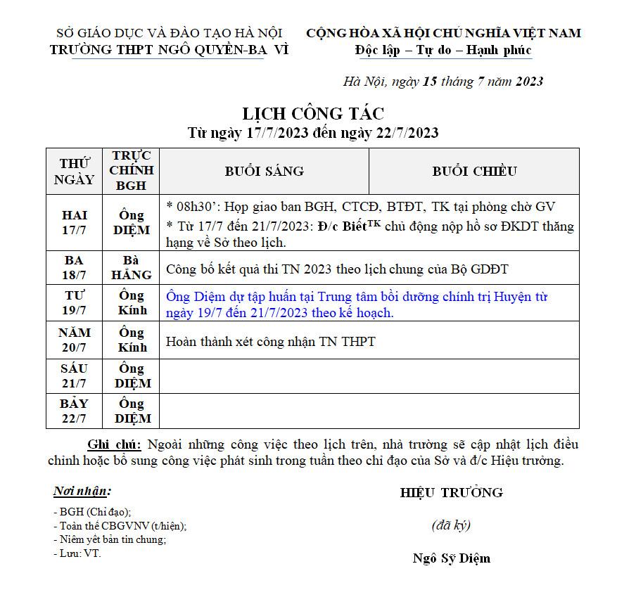 Lịch công tác tuần từ ngày 17/7/2023