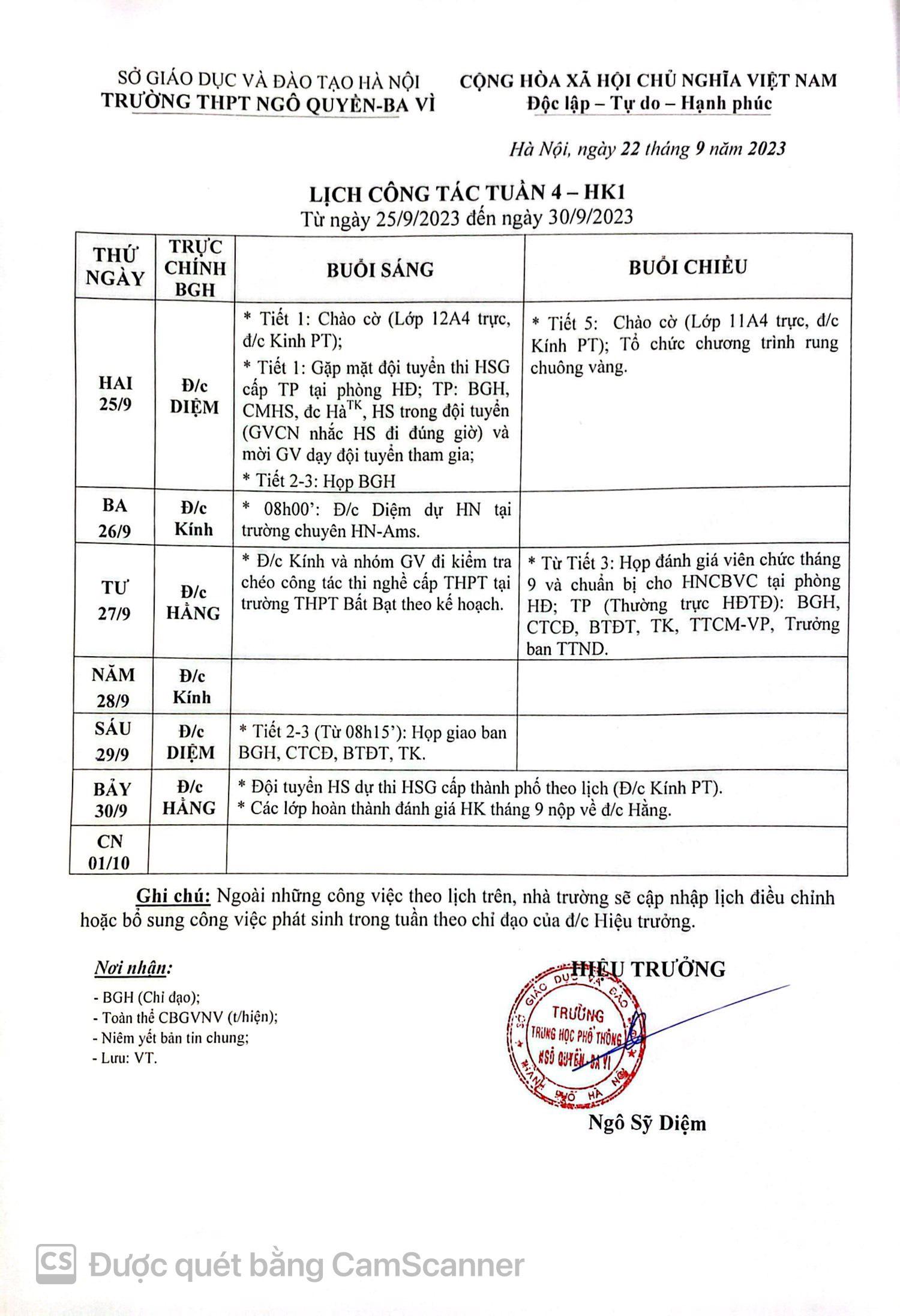 Lịch công tác từ ngày 25/9/2023