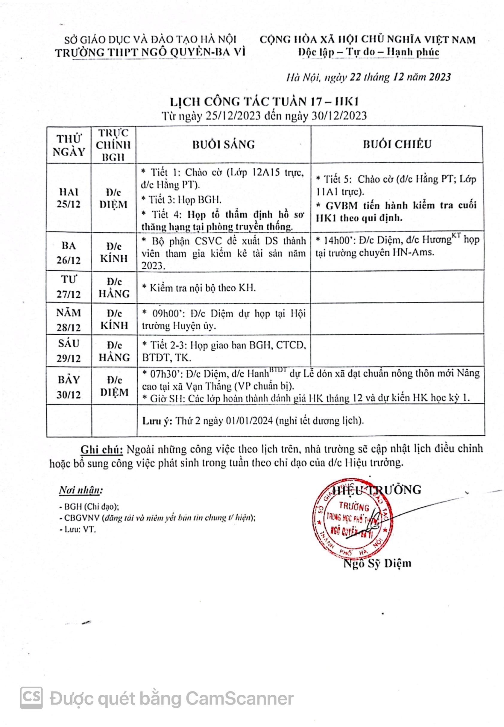 Lịch công tác tuần 17 từ ngày 25/12/2023