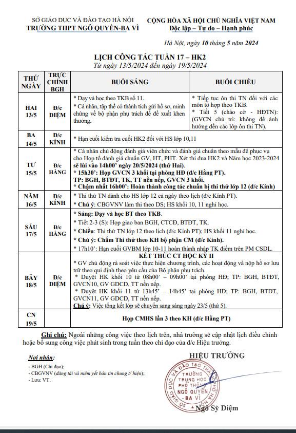 Lịch công tác tuần 17 kì 2 năm 2024