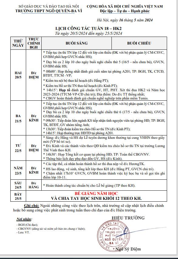 Lịch công tác tuần 18 kì 2 năm 2024