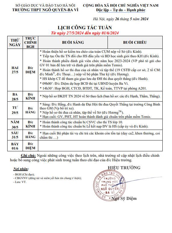 Lịch công tác tuần 19 kì 2