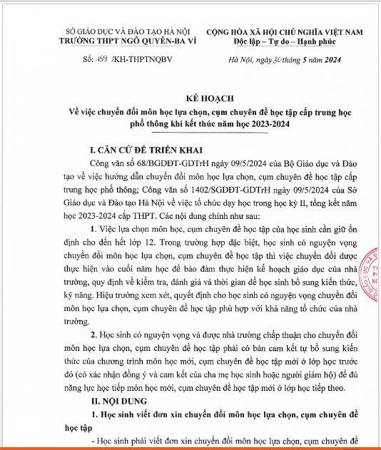 Kế hoạch về việc chuyển đổi môn học lựa chọn, cụm chuyên đề học tập cấp trung học phổ thông khi kết thúc năm 2023 - 2024