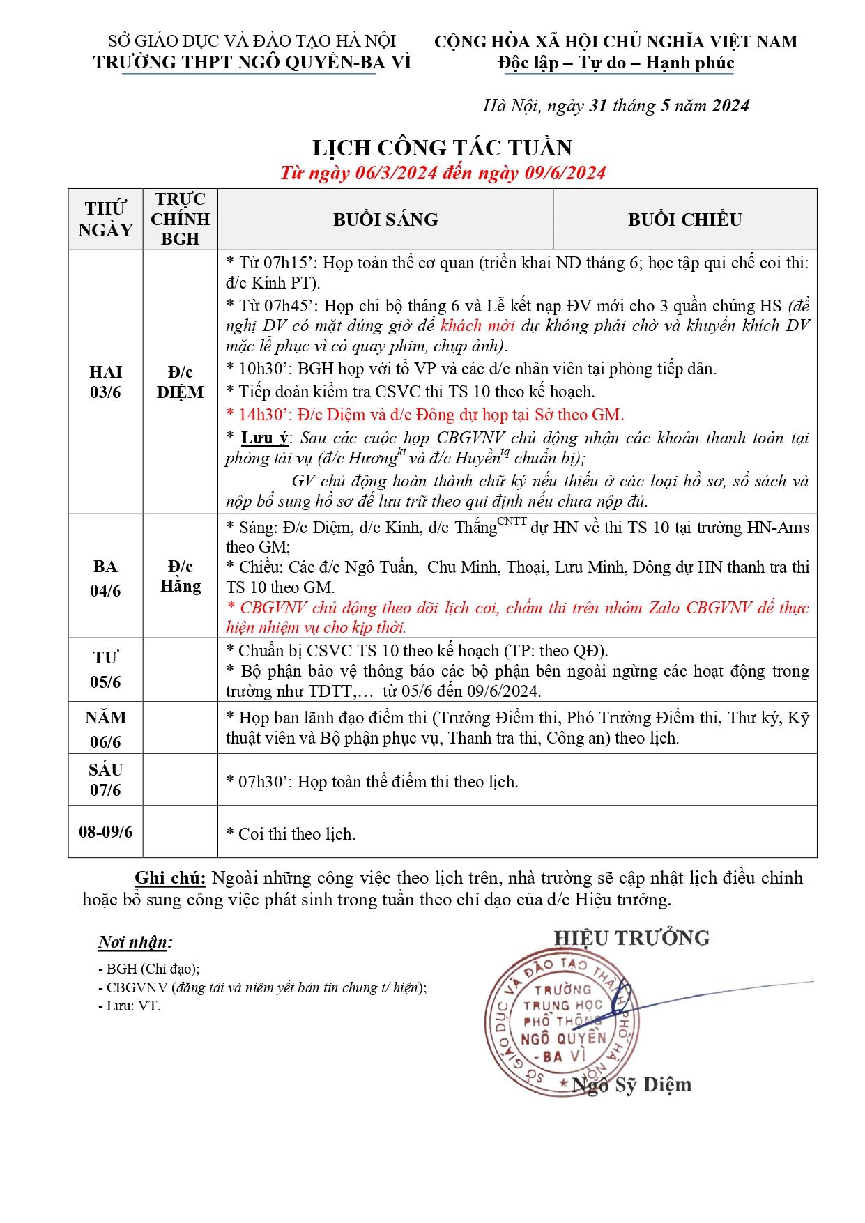 Lịch công tác tuần 20 kì 2 năm 2024