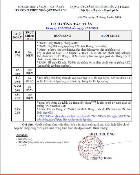 Lịch công tác tuần 22 học kỳ 2