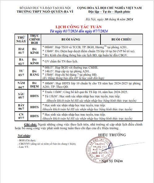 Lịch công tác tuần 24