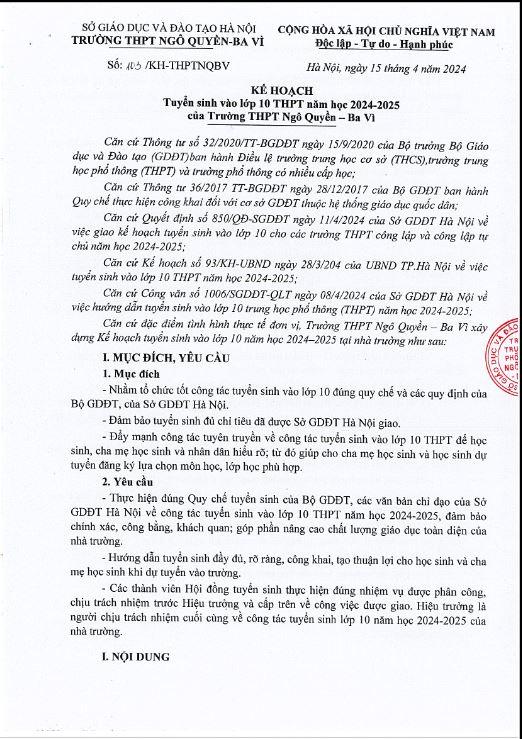 Kế hoạch tuyển sinh vào lớp 10 THPT năm học 2024-2025 của trường THPT Ngô Quyền - Ba Vì