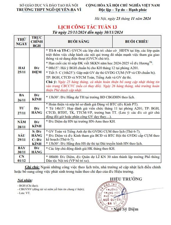 LỊCH CÔNG TÁC TUẦN 13 Từ ngày 25/11/2024 đến ngày 30/11/2024