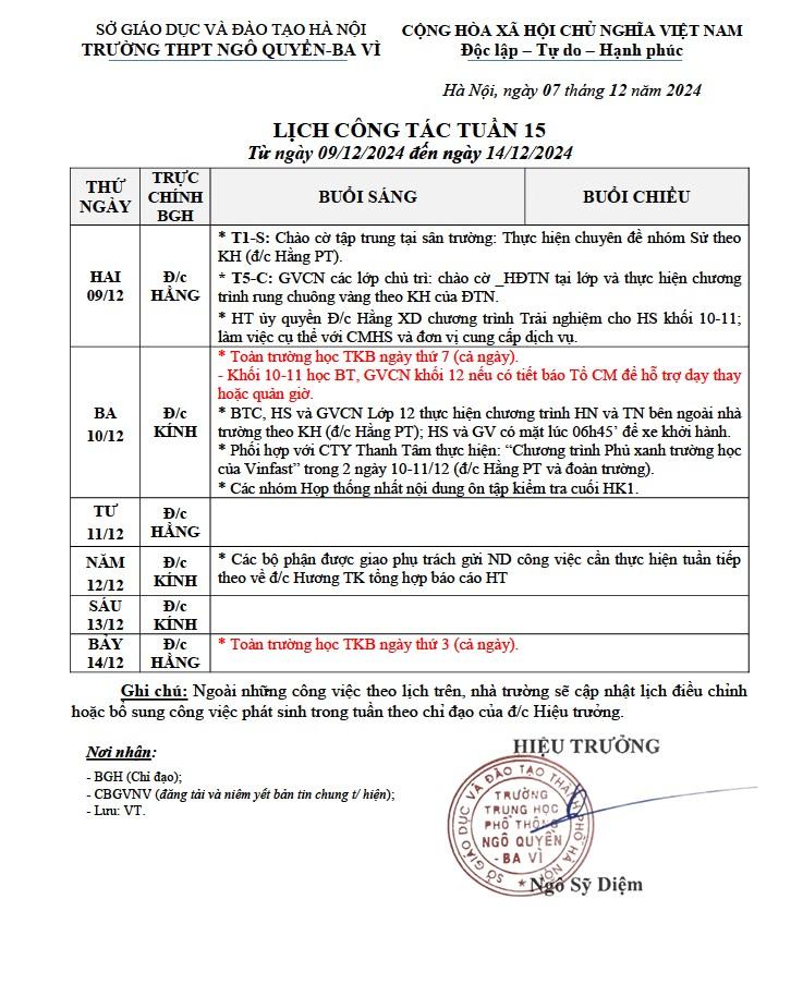 LỊCH CÔNG TÁC TUẦN 15 Từ ngày 09/12/2024 đến ngày 14/12/2024