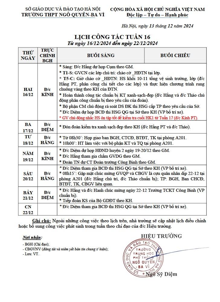 LỊCH CÔNG TÁC TUẦN 16 Từ ngày 16/12/2024 đến ngày 22/12/2024