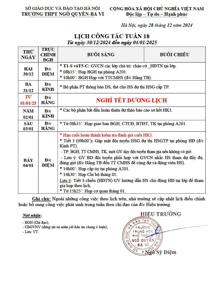 LỊCH CÔNG TÁC TUẦN 18 Từ ngày 30/12/2024 đến ngày 04/01/2025