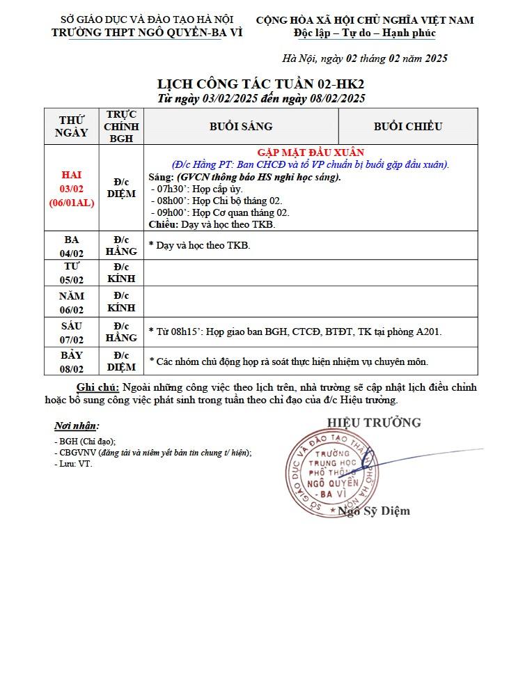 LỊCH CÔNG TÁC TUẦN 02-HK2 Từ ngày 03/02/2025 đến ngày 08/02/2025