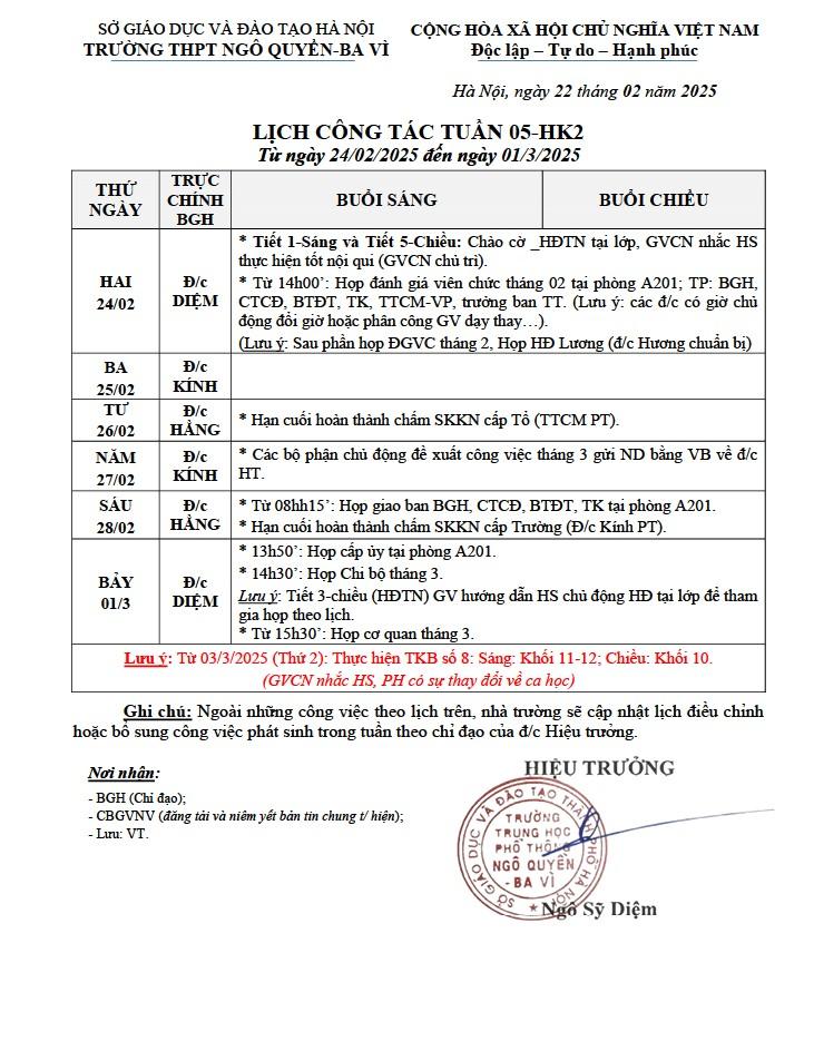 LỊCH CÔNG TÁC TUẦN 05-HK2 Từ ngày 24/02/2025 đến ngày 01/3/2025