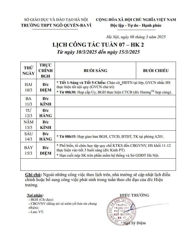 LỊCH CÔNG TÁC TUẦN 07 – HK 2 Từ ngày 10/3/2025 đến ngày 15/3/2025