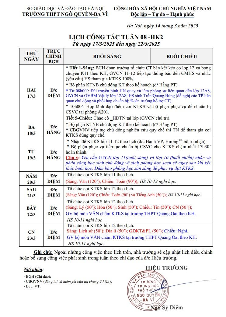 LỊCH CÔNG TÁC TUẦN 08 -HK2 Từ ngày 17/3/2025 đến ngày 22/3/2025
