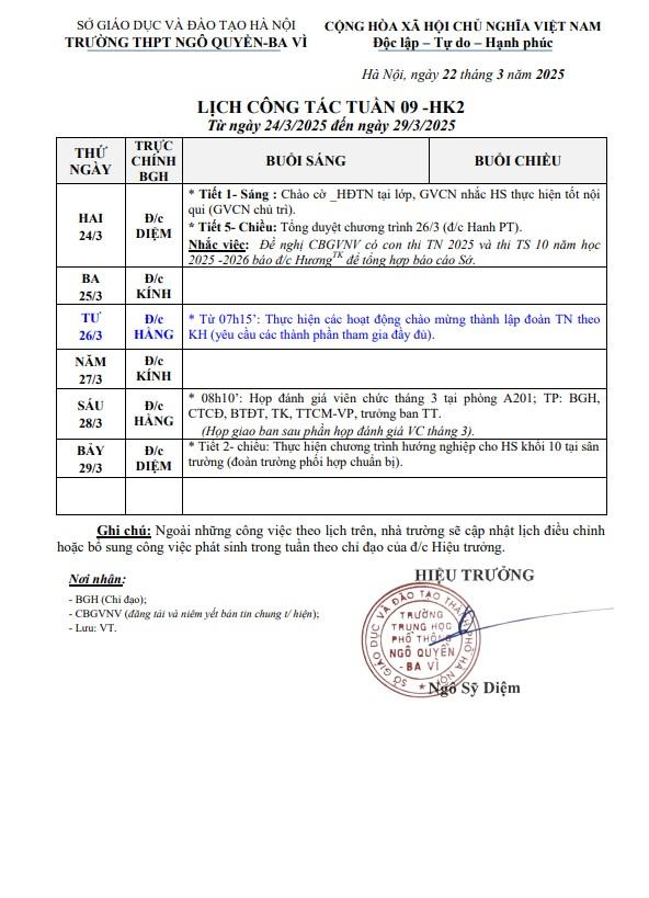 LỊCH CÔNG TÁC TUẦN 09 -HK2 Từ ngày 24/3/2025 đến ngày 29/3/2025