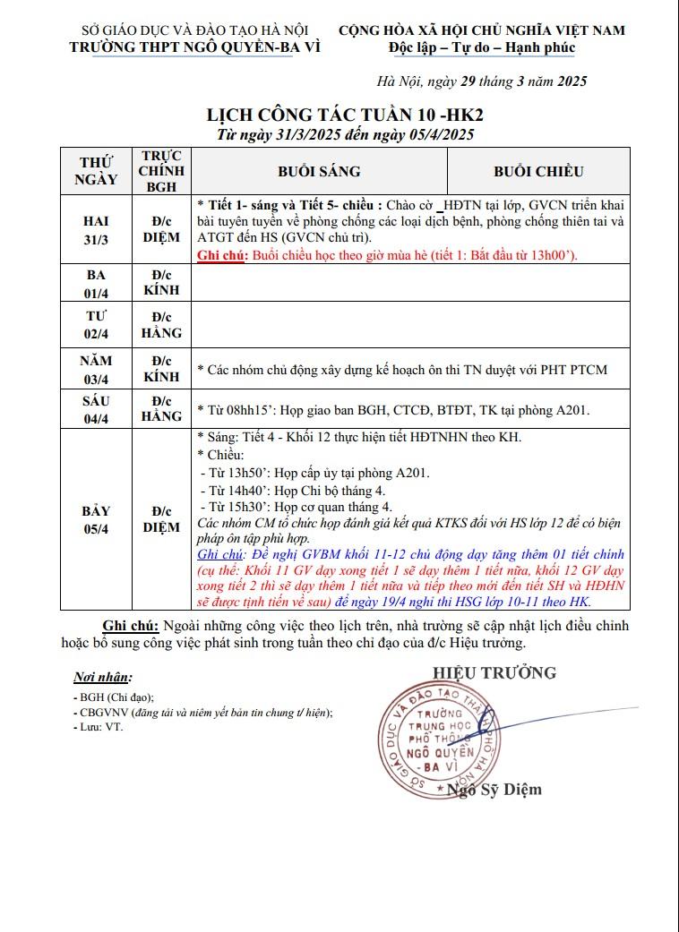 LỊCH CÔNG TÁC TUẦN 10 -HK2 Từ ngày 31/3/2025 đến ngày 05/4/2025