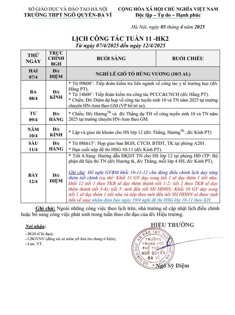 LỊCH CÔNG TÁC TUẦN 11 -HK2 Từ ngày 07/4/2025 đến ngày 12/4/2025