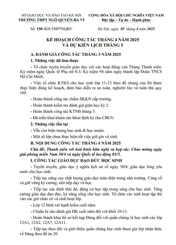 KẾ HOẠCH CÔNG TÁC THÁNG 4 NĂM 2025 VÀ DỰ KIẾN LỊCH THÁNG 5