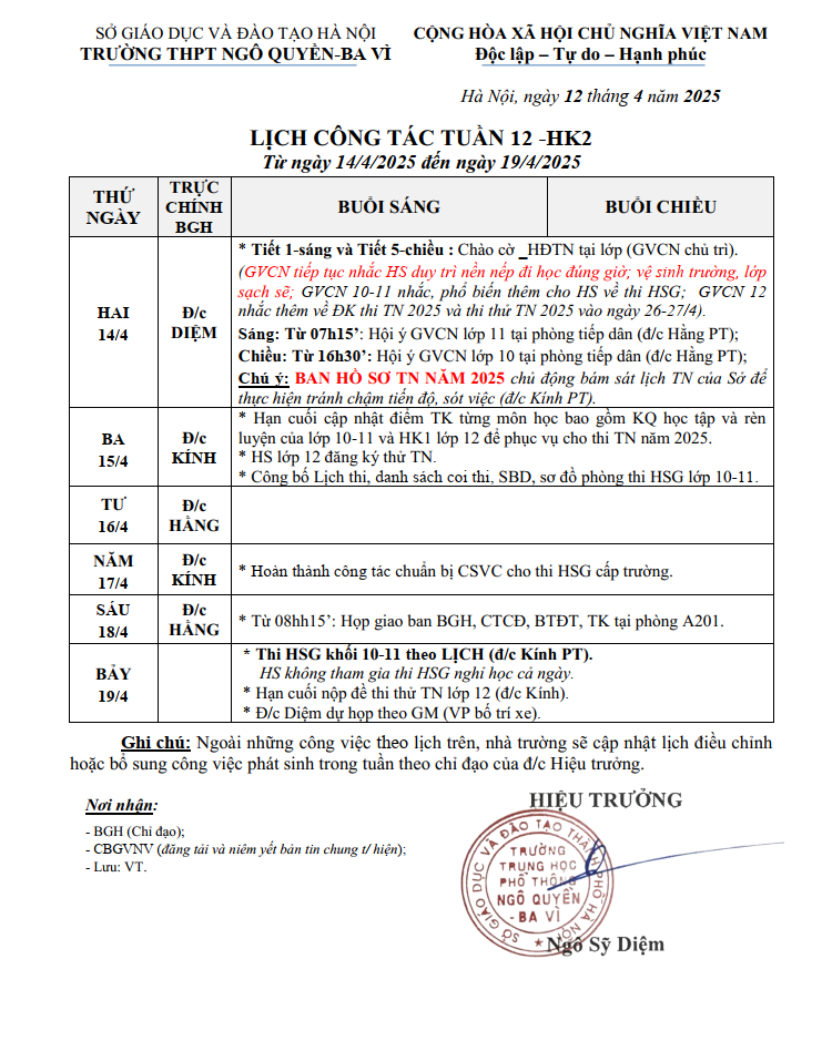 LỊCH CÔNG TÁC TUẦN 12 -HK2 Từ ngày 14/4/2025 đến ngày 19/4/2025