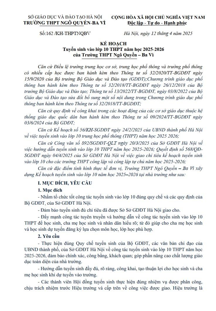 Kế hoạch Tuyển sinh vào lớp 10 THPT năm học 2025-2026 của Trường THPT Ngô Quyền – Ba Vì