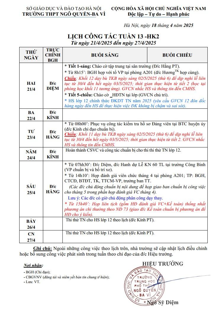 LỊCH CÔNG TÁC TUẦN 13 -HK2 Từ ngày 21/4/2025 đến ngày 27/4/2025