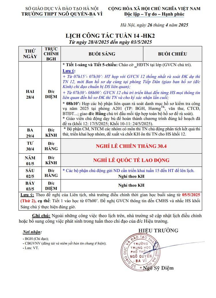 LỊCH CÔNG TÁC TUẦN 14 -HK2 Từ ngày 28/4/2025 đến ngày 03/5/2025