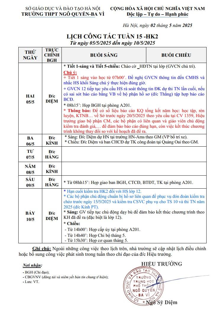 LỊCH CÔNG TÁC TUẦN 15 -HK2 Từ ngày 05/5/2025 đến ngày 10/5/2025