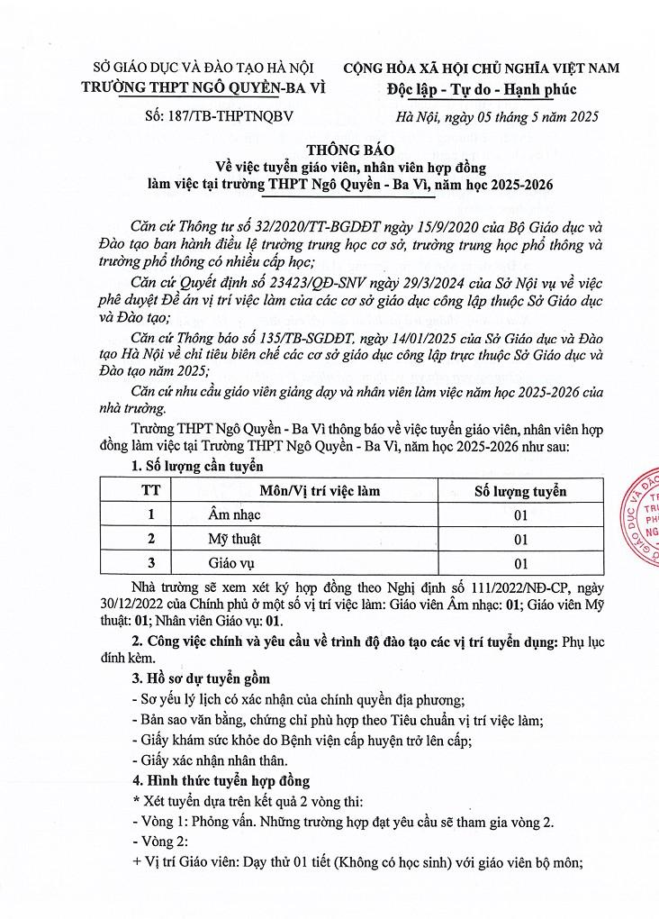 THÔNG BÁO về việc tuyển giáo viên, nhân viên hợp đồng làm việc tại trường THPT Ngô Quyền - Ba Vì, năm học 2025-2026 