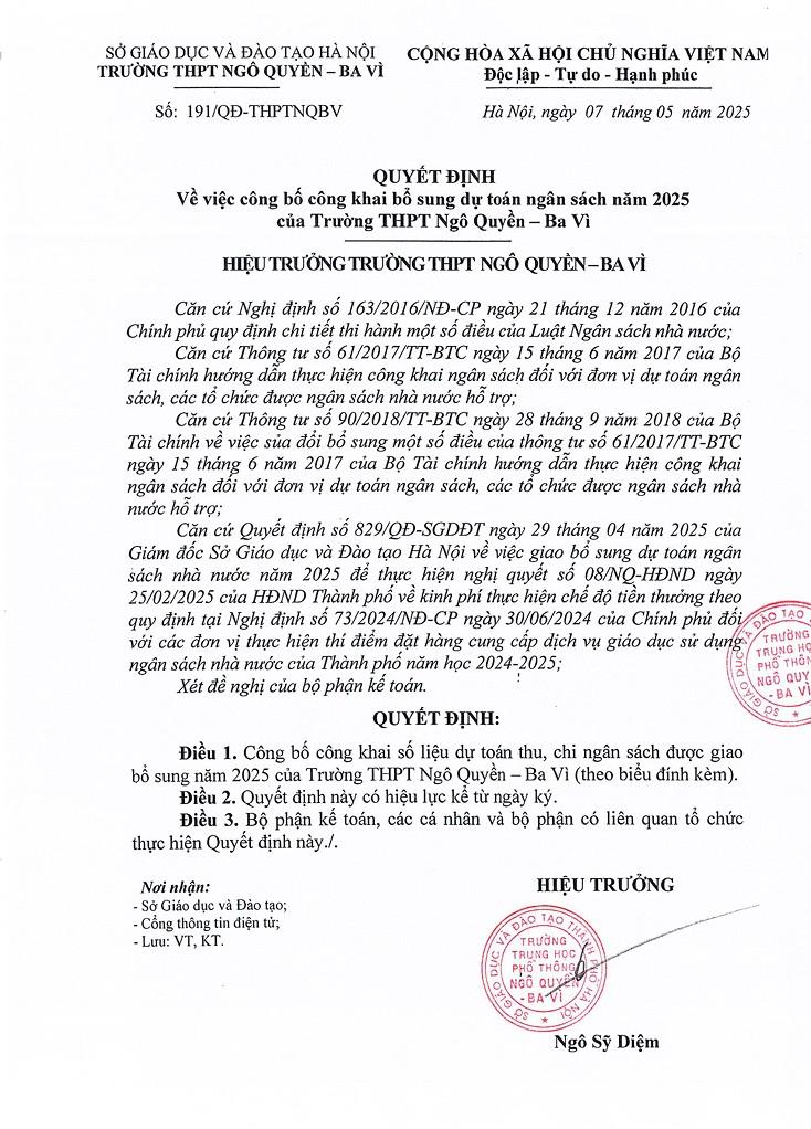 QUYẾT ĐỊNH về việc công bố công khai bổ sung dự toán ngân sách năm 2025 của Trường THPT Ngô Quyền - Ba Vì 