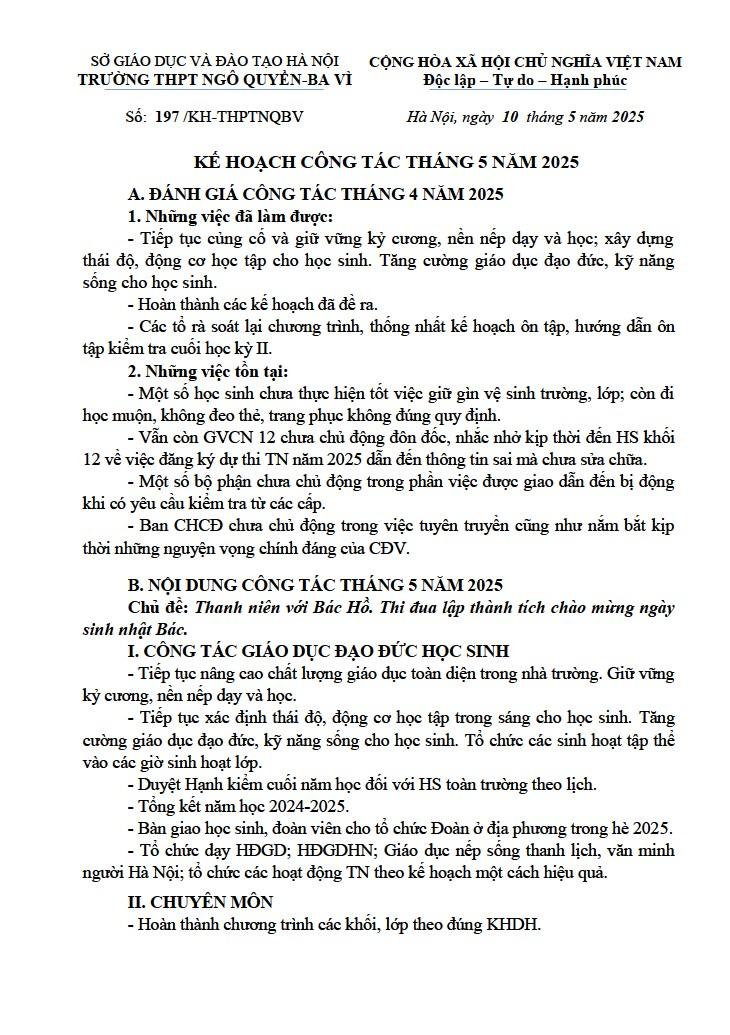 KẾ HOẠCH CÔNG TÁC THÁNG 5 NĂM 2025
