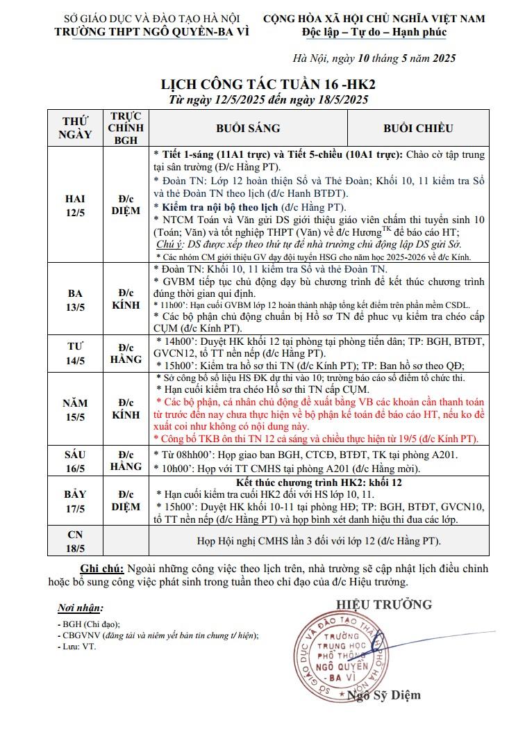 LỊCH CÔNG TÁC TUẦN 16 -HK2 Từ ngày 12/5/2025 đến ngày 18/5/2025