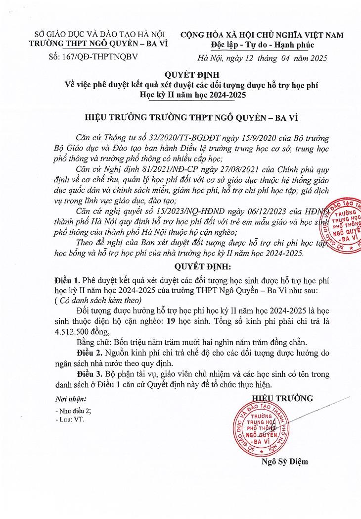 QUYẾT ĐỊNH về việc phê duyệt kết quả xét duyệt các đối tượng đưọc hỗ trợ học phí Học kỳ II năm học 2024-2025