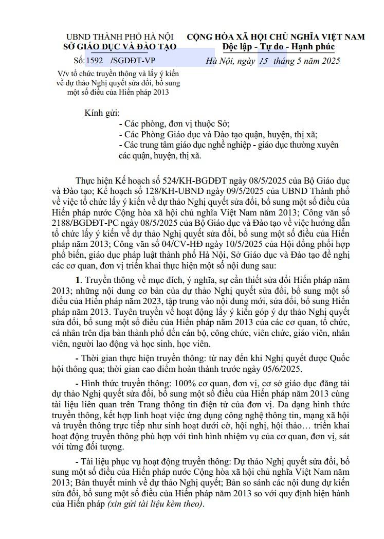 Công văn về việc tổ chức truyền thông và lấy ý kiến về dự thảo Nghị quyết sửa đổi, bổ sung một số điều của hiến pháp 2013 ( tài liệu kèm theo)