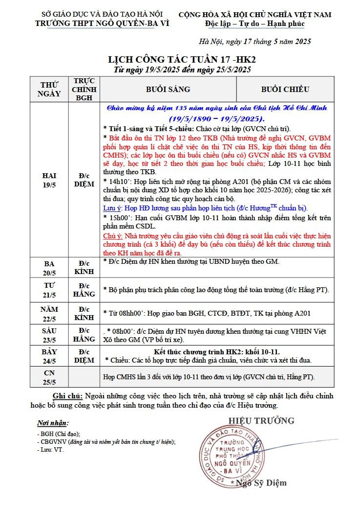 LỊCH CÔNG TÁC TUẦN 17 -HK2 Từ ngày 19/5/2025 đến ngày 25/5/2025