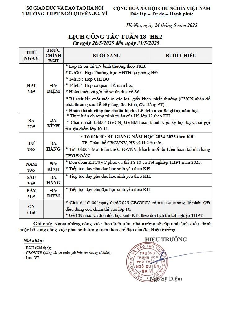 LỊCH CÔNG TÁC TUẦN 18 -HK2 Từ ngày 26/5/2025 đến ngày 31/5/2025