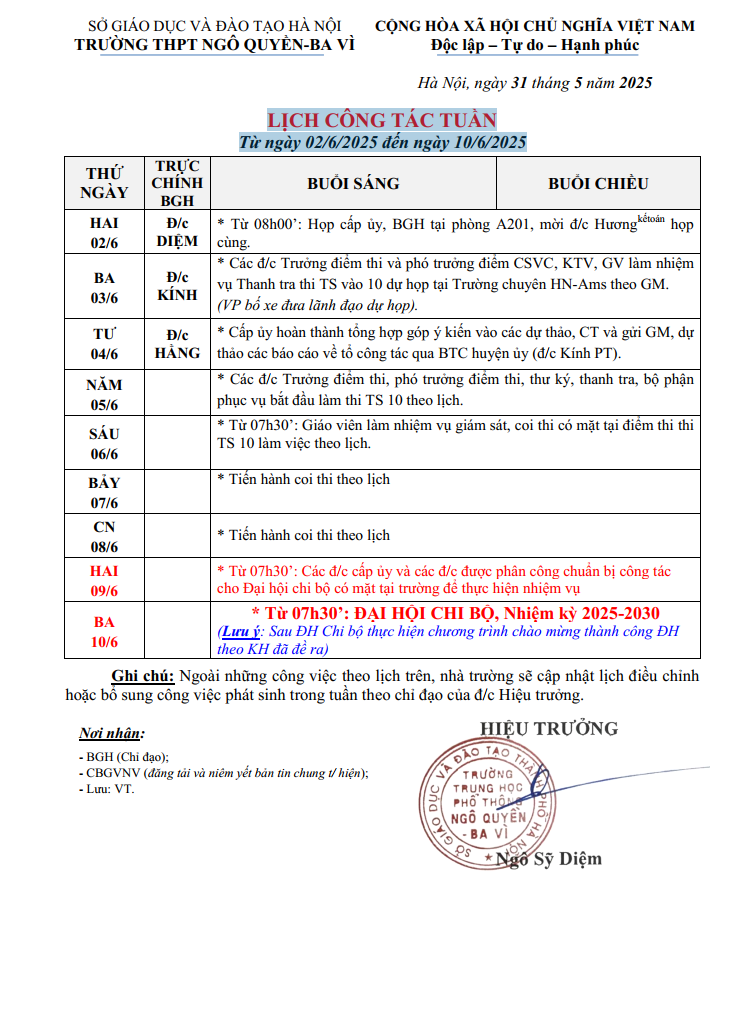 LỊCH CÔNG TÁC TUẦN 19 HỌC KỲ 2 Từ ngày 02/6/2025 đến ngày 10/6/2025
