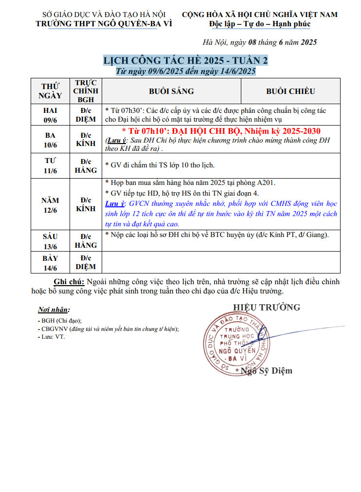 LỊCH CÔNG TÁC HÈ 2025 - TUẦN 2 Từ ngày 09/6/2025 đến ngày 14/6/2025