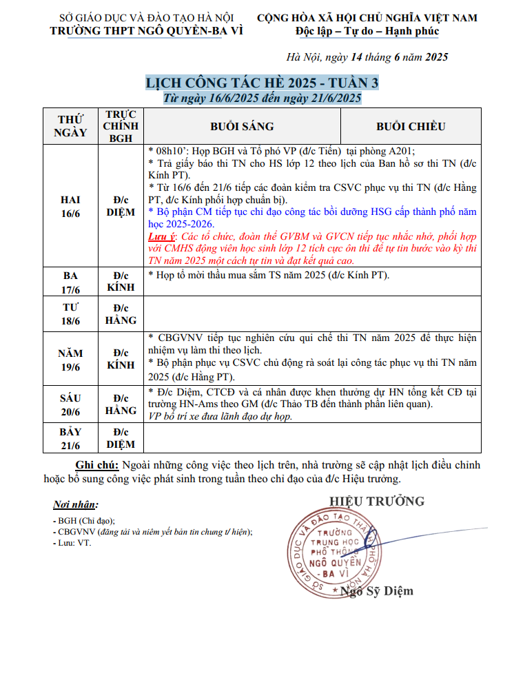 LỊCH CÔNG TÁC HÈ 2025 - TUẦN 3 Từ ngày 16/6/2025 đến ngày 21/6/2025