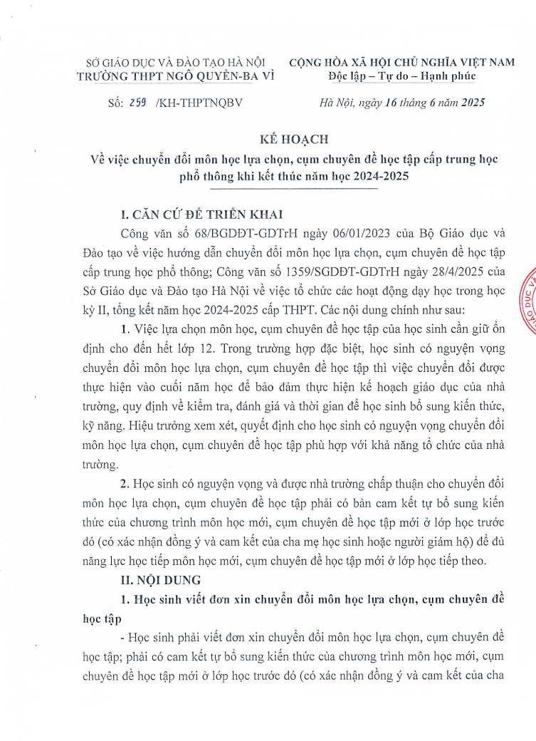 KẾ HOẠCH Về việc chuyển đổi môn học lựa chọn, cụm chuyên đề học tập cấp trung học phỗ thông khi kết thúc năm học 2024-2025