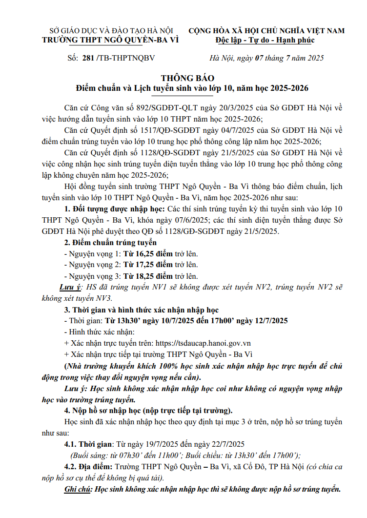 THÔNG BÁO Điểm chuẩn và Lịch tuyển sinh vào lớp 10, năm học 2025-2026
