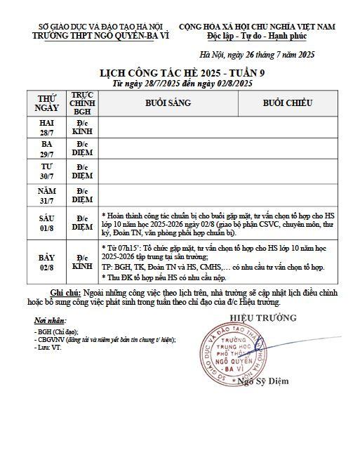 LỊCH CÔNG TÁC HÈ 2025 - TUẦN 9 Từ ngày 28/7/2025 đến ngày 02/8/2025
