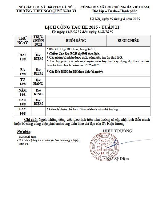 LỊCH CÔNG TÁC HÈ 2025 - TUẦN 11 Từ ngày 11/8/2025 đến ngày 16/8/2025