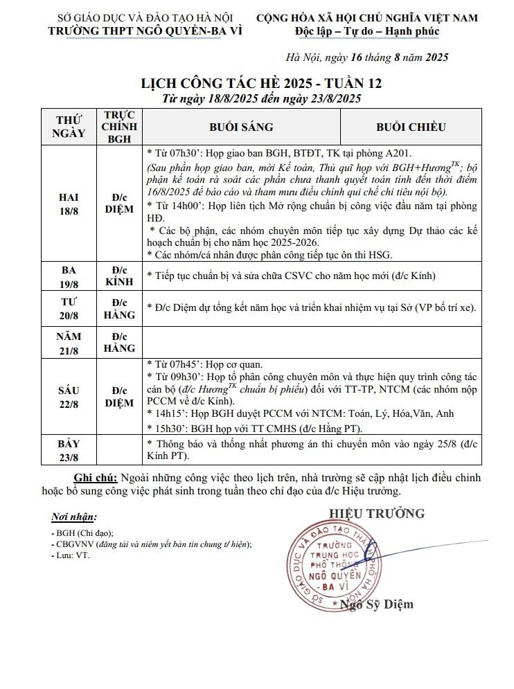 LỊCH CÔNG TÁC HÈ 2025 - TUẦN 12 Từ ngày 18/8/2025 đến ngày 23/8/2025