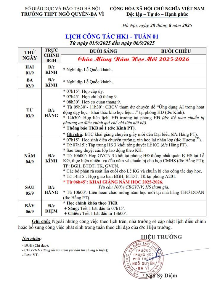 LỊCH CÔNG TÁC HK1 - TUẦN 01 Từ ngày 01/9/2025 đến ngày 06/9/2025