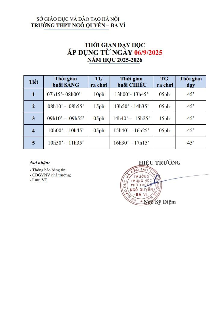 THỜI GIAN DẠY HỌC ÁP DỤNG TỪ NGÀY 06/9/2025 NĂM HỌC 2025-2026