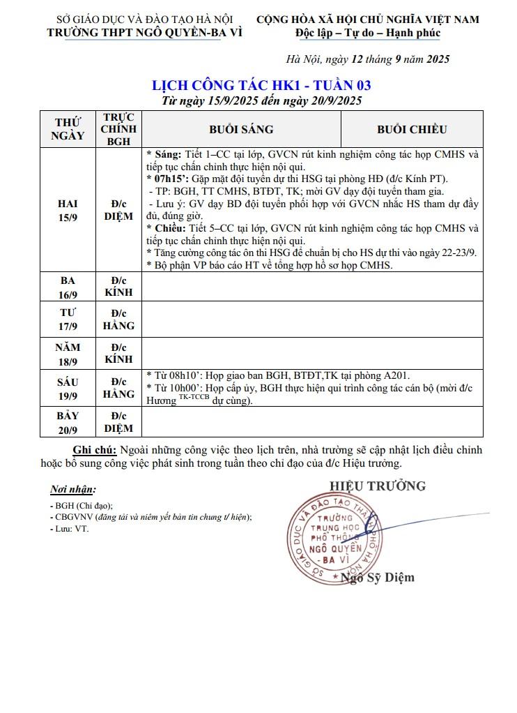 LỊCH CÔNG TÁC HK1 - TUẦN 03 Từ ngày 15/9/2025 đến ngày 20/9/2025