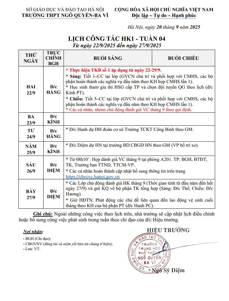 LỊCH CÔNG TÁC HK1 - TUẦN 04 Từ ngày 22/9/2025 đến ngày 27/9/2025