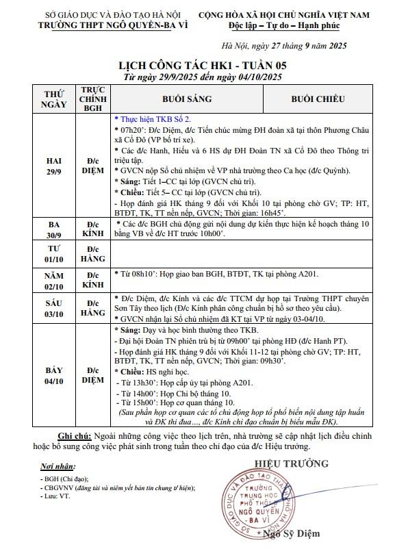 LỊCH CÔNG TÁC HK1 - TUẦN 05 Từ ngày 29/9/2025 đến ngày 04/10/2025